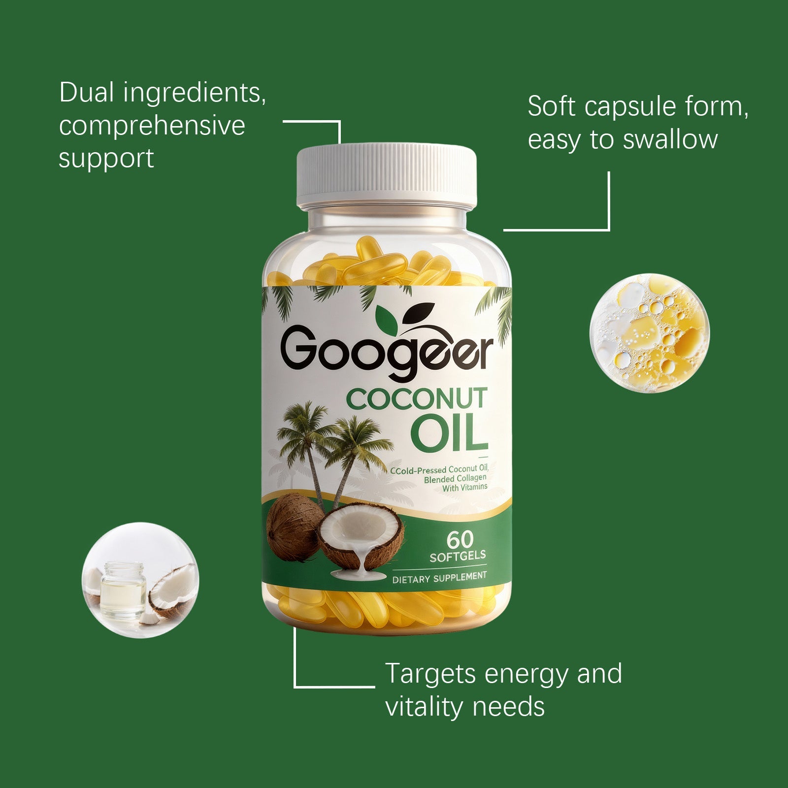 Coconut Oil Body Care Supplement, Natural Energy Boost, Vitamin E, Daily Health ,60 softgels