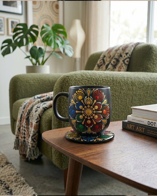Sahara Mandala Black mug and Wooden Coaster
