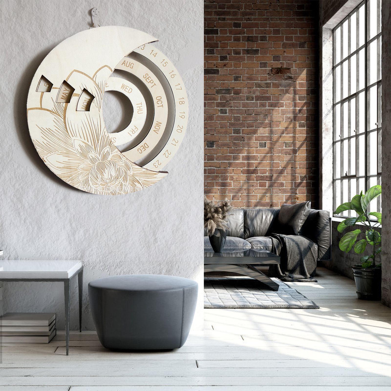 Round Moon Wooden Perpetual Wall Hanging Calendar Birthday Reminder Home Ornament