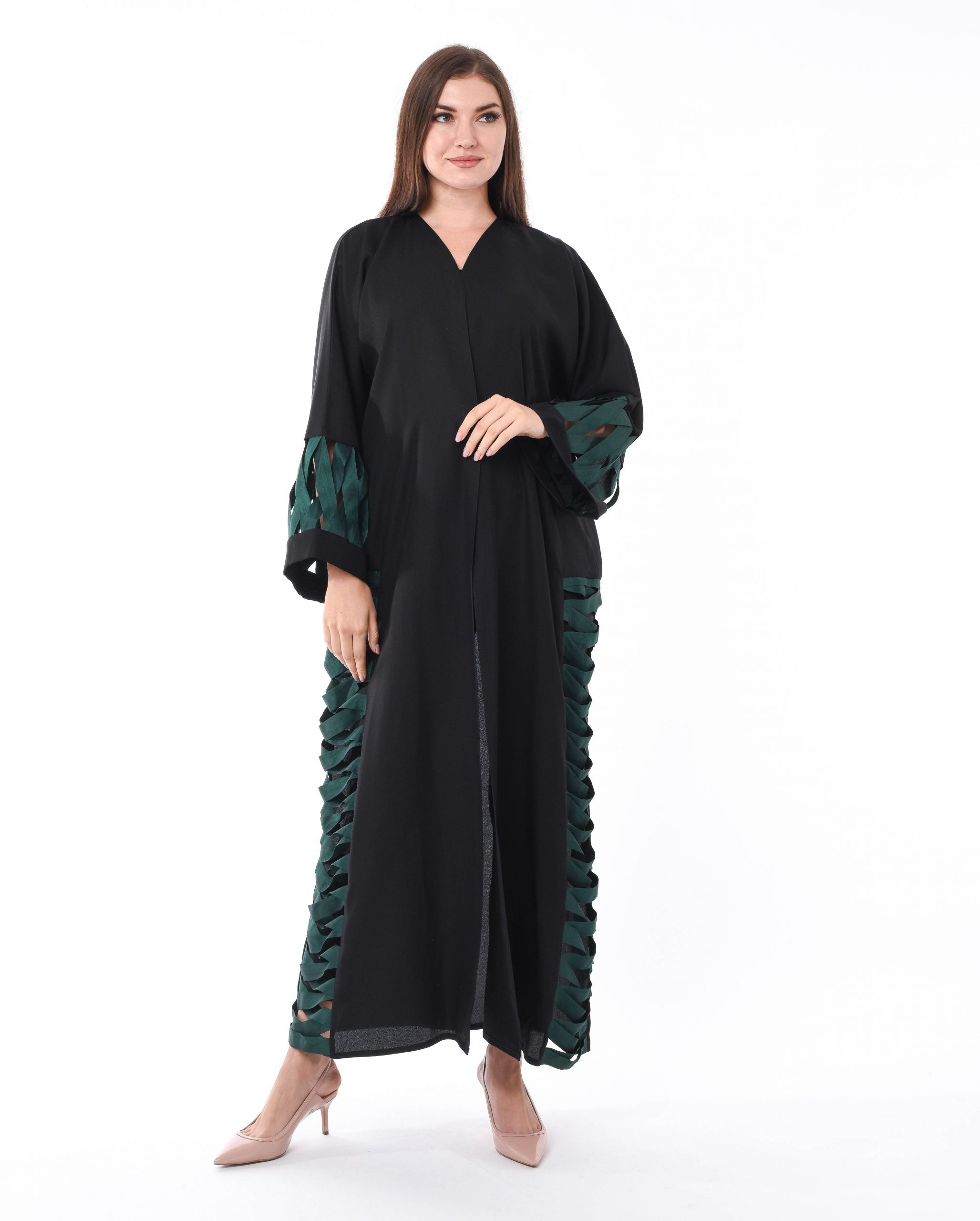 MOiSTREET Black Abaya with Green Criss Cross Detailing