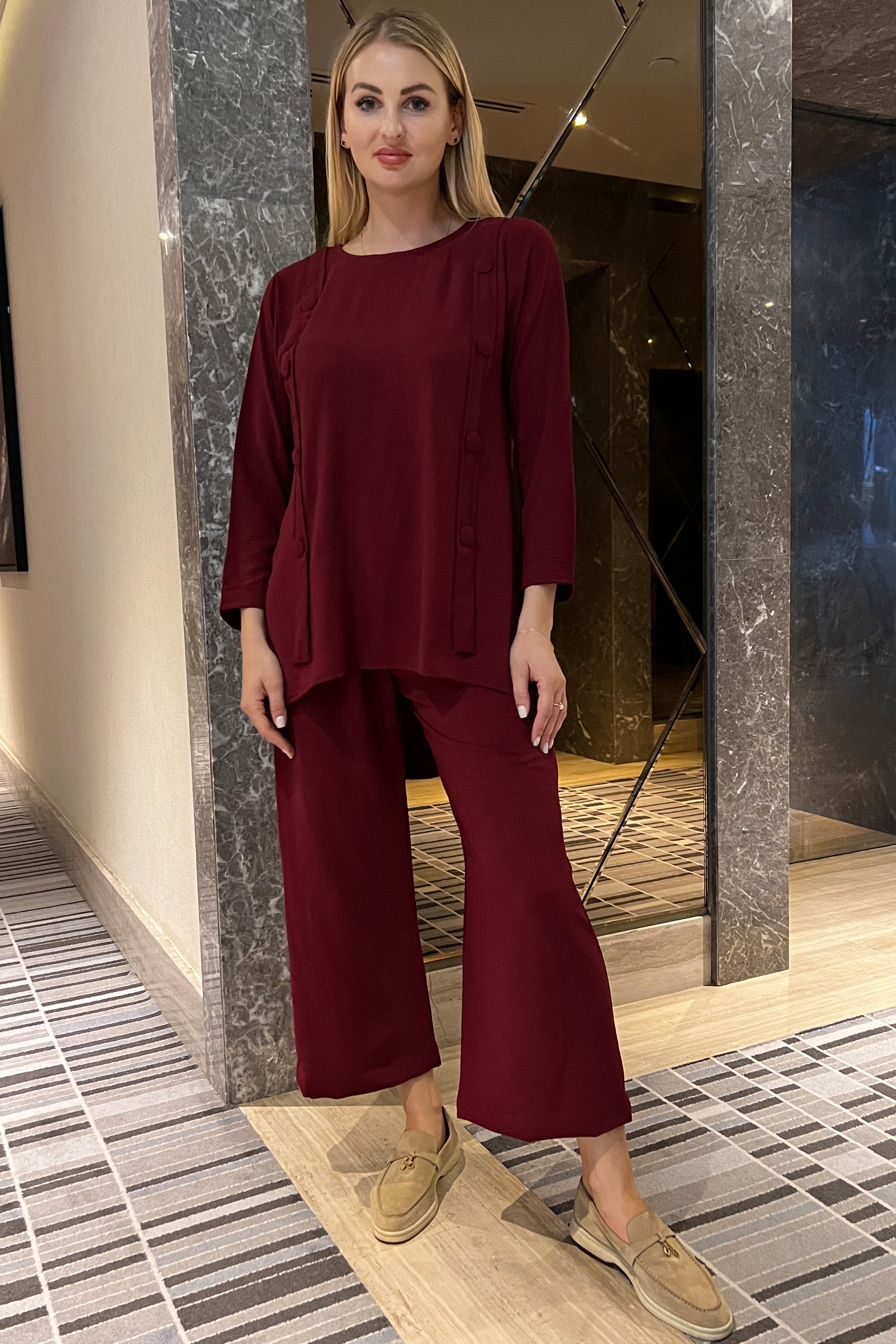 MOiSTREET Maroon CEY Fabric Top And Pants Set