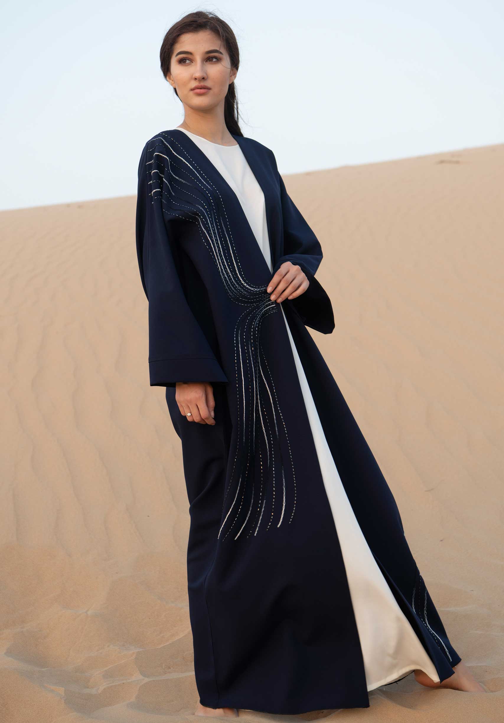 MOiSTREET Navy Open Abaya With Hand Embroidery