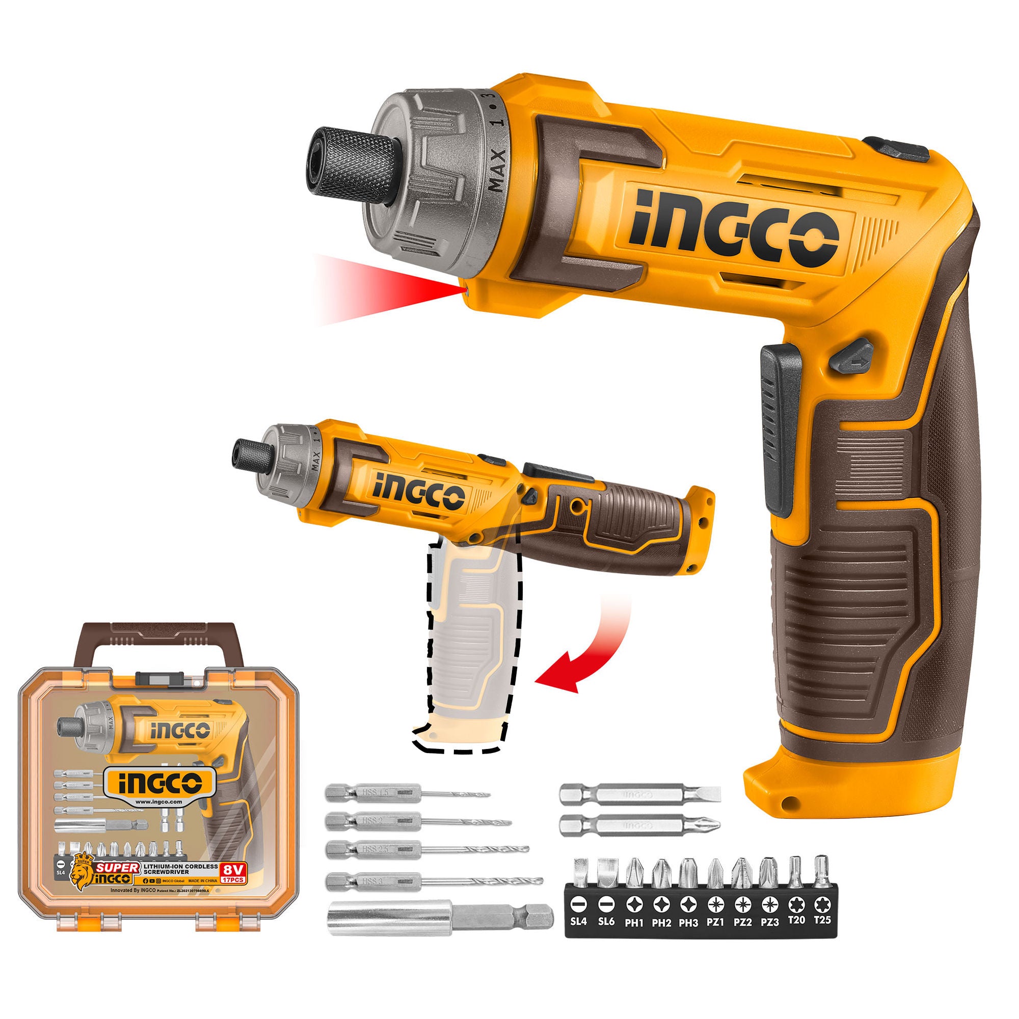 INGCO 8V Cordless Screwdriver Set, 6 Nm, 1/4″ Hex