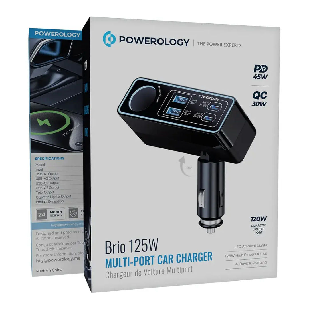 Powerology Brio 125W Multi-Port Car Charger, Black