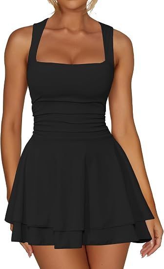 Women's Square Neck Ruffle Hem Party Corset Ruched Waist Mini Dress