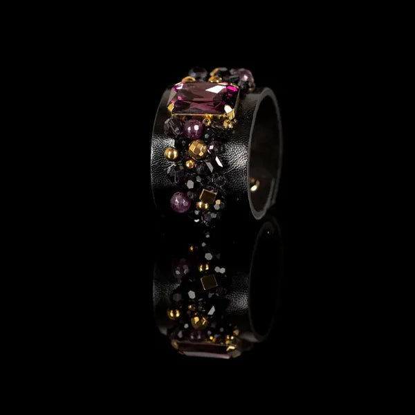 The Dark Black Leather Crystal Cuff Bracelet with Purple Gemstone and Beaded Embellishment Handmade Statement Bracelet