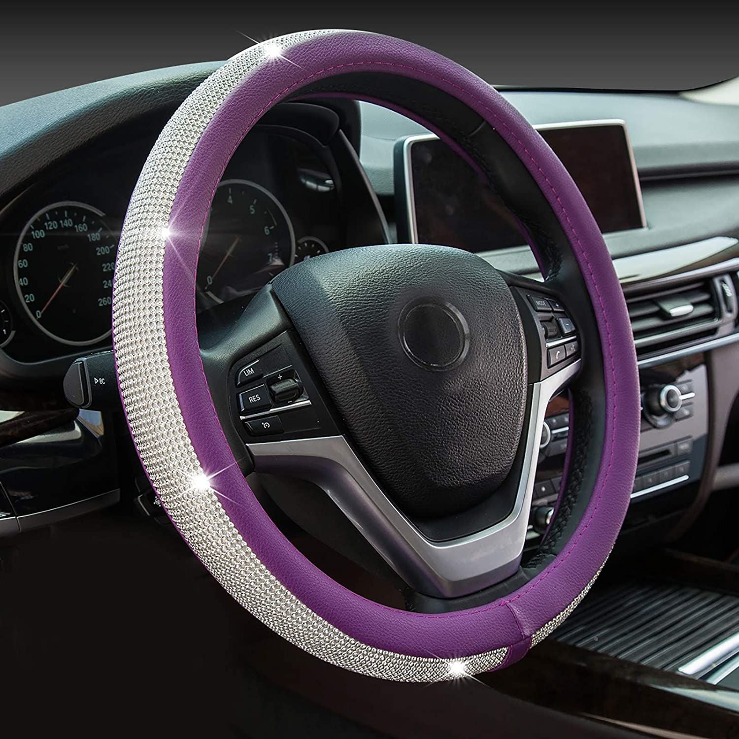PU Leather Steering Wheel Cover Protector with Bling Crystal Rhinestones for 15 Inch