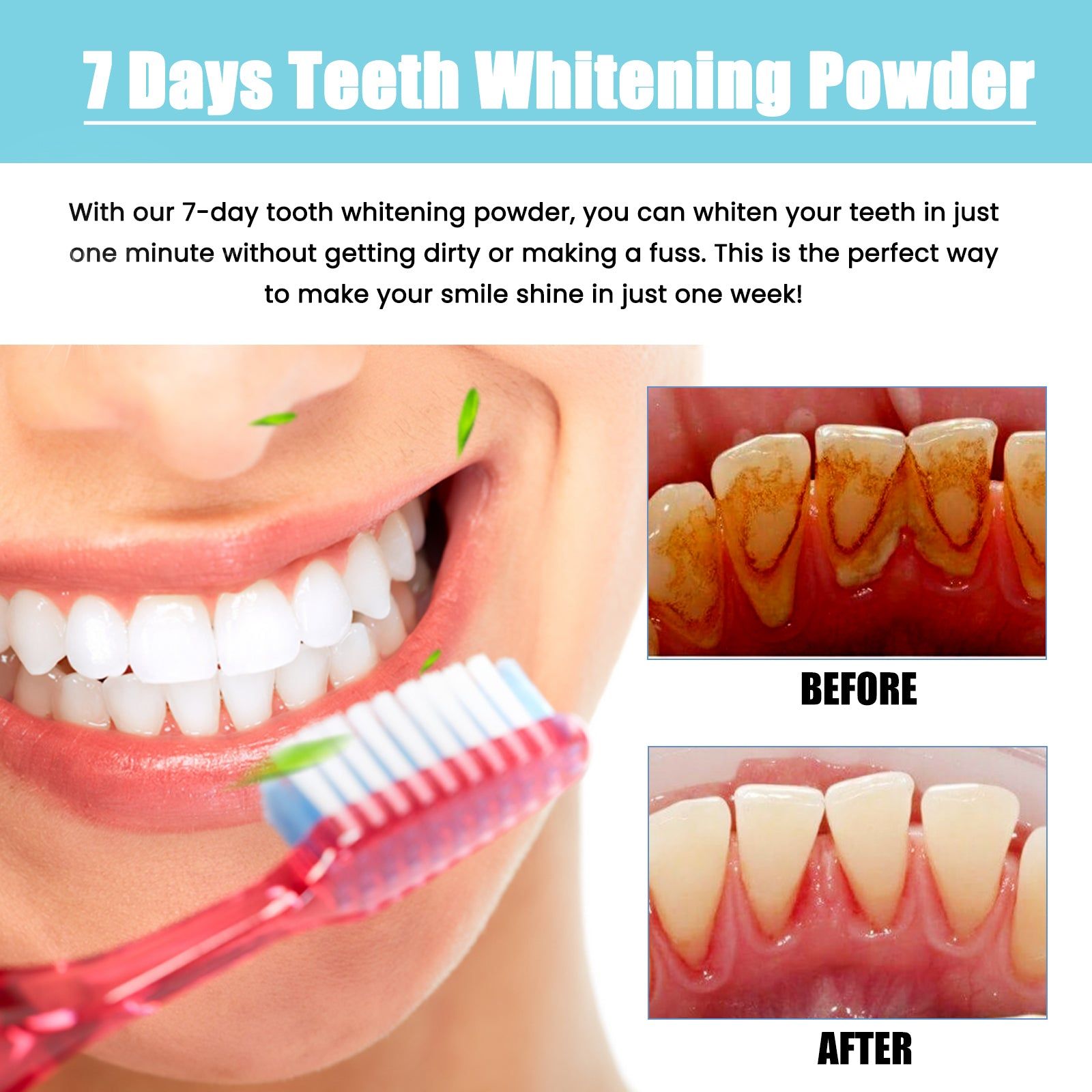 7-Day Teeth Whitening Powder, Oxidizes Stains, Fresh Breath, Natural Whitening ,50g