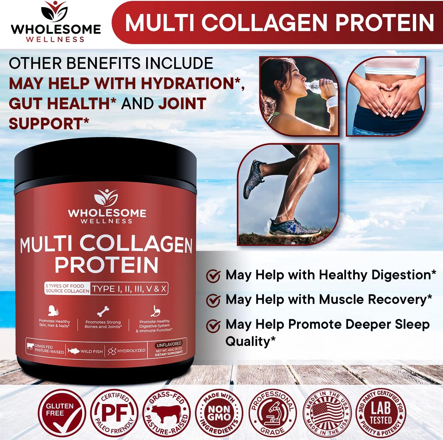 Wholesome Wellness Multi Collagen Peptides Protein Powder Unflavored 454g