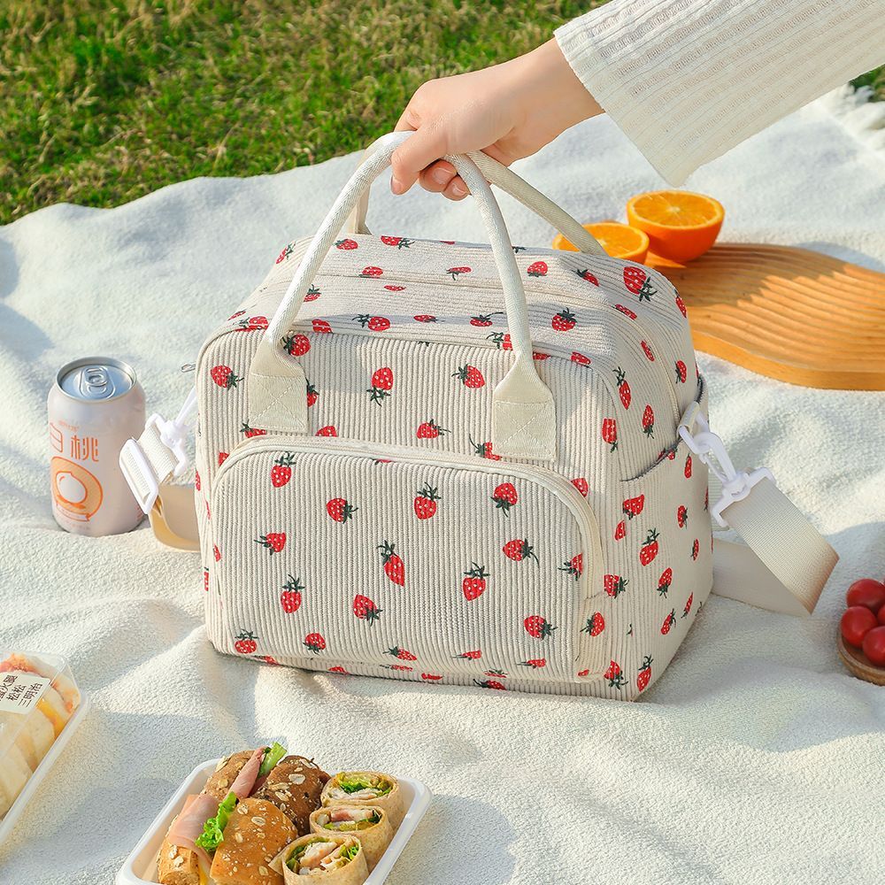 Strawberry Print Lunch Bag Large Capacity Food Storage Tote with Shoulder Strap