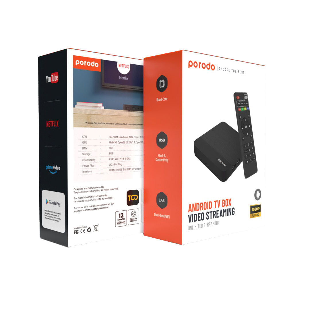 Porodo Android TV Box 1080 Full HD Video Streaming, 1GB RAM, 8GB Storage, Black