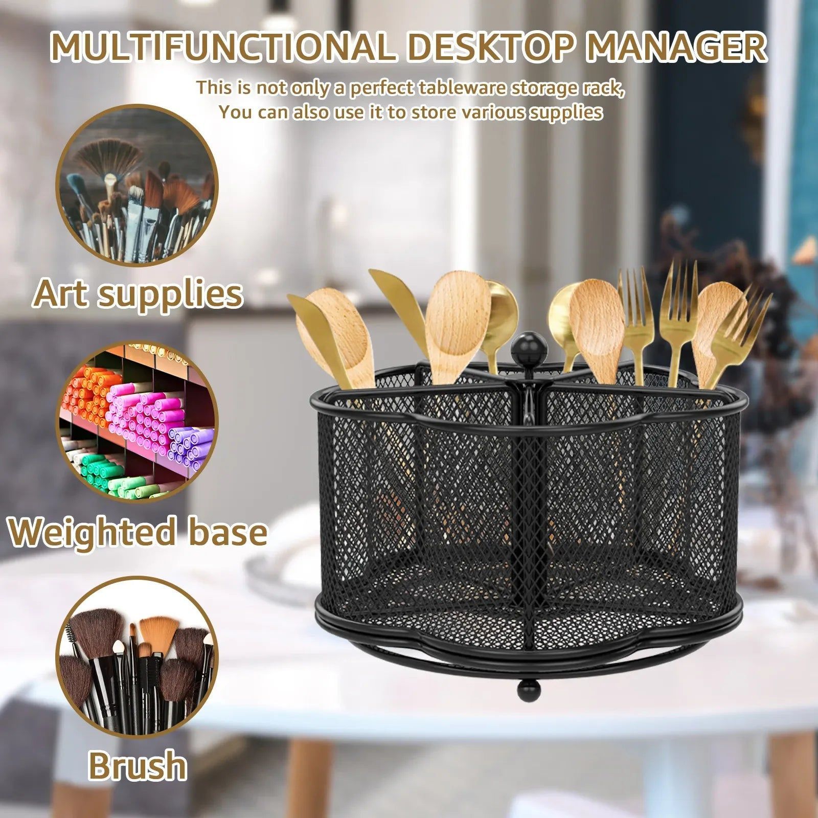 360 Degree Rotate Pen Holder Mesh Desk Pen Organizer Cutlery Holder Flatware Storage Basket