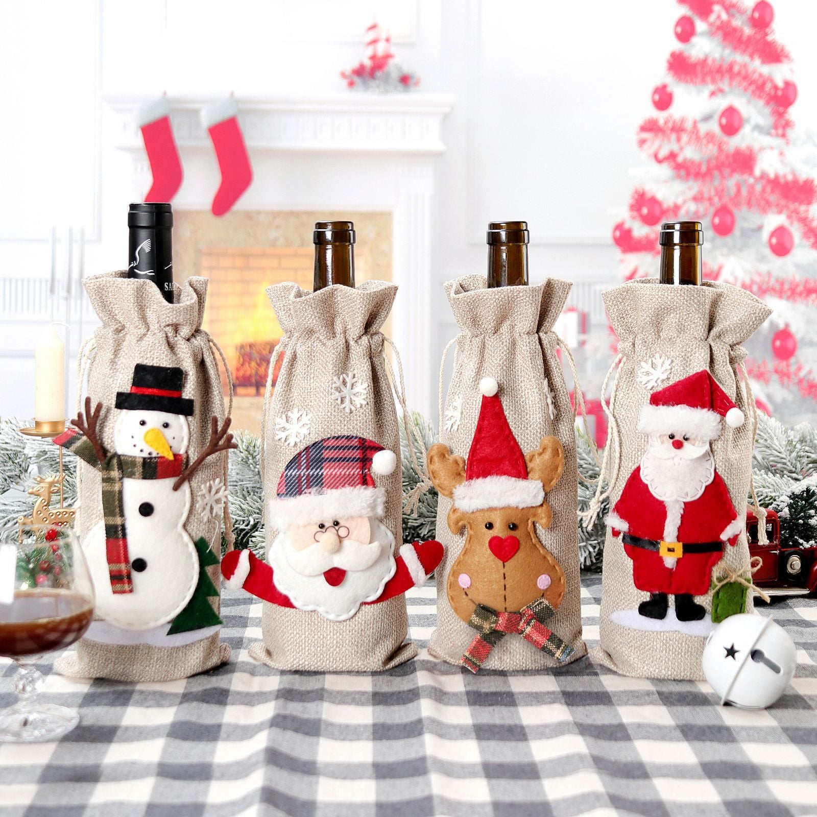 4pcs Christmas Wine Bottle Cover Bags Burlap Wine Bottle Bags Gifts Bags