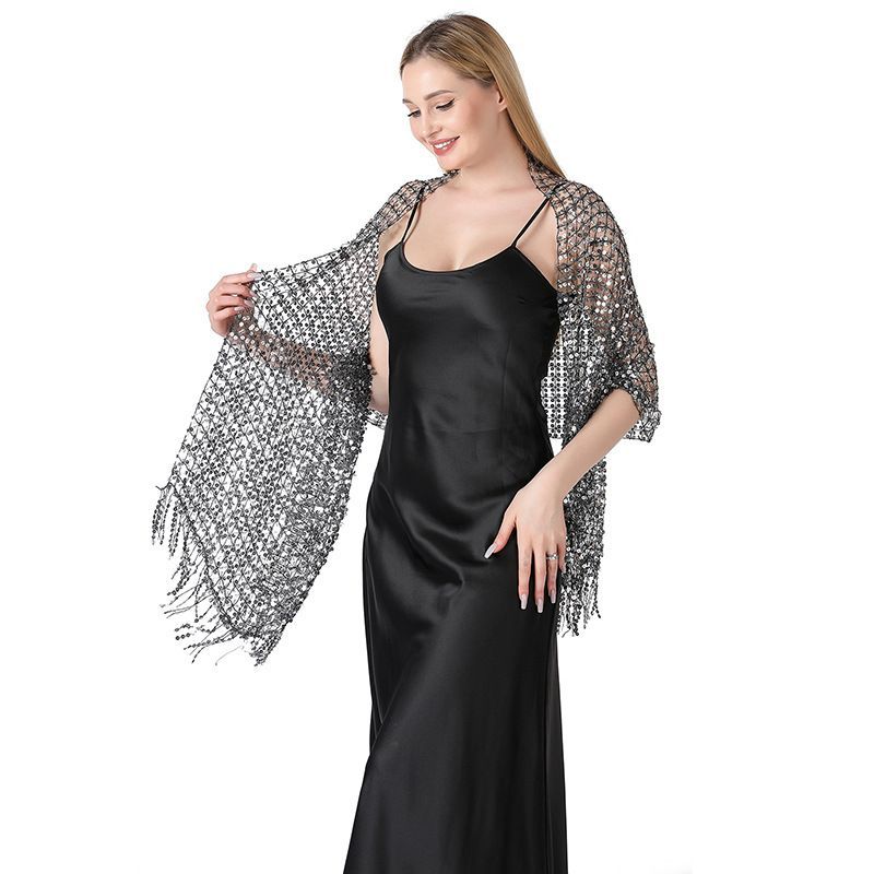 Black Gold Sequin Fringe Shawl Wrap for Evening Dress
