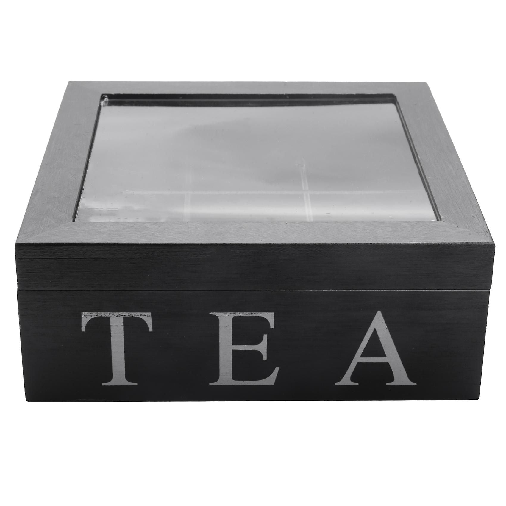 Wooden Tea Box With 9 Grid Storage And Transparent Lid