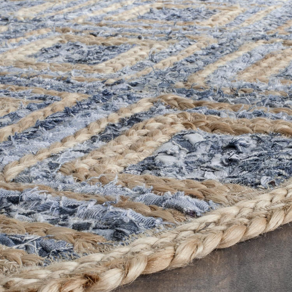 Denim Jute Rectangular Rug Diamond Pattern | Blue Beige Handwoven Area Carpet