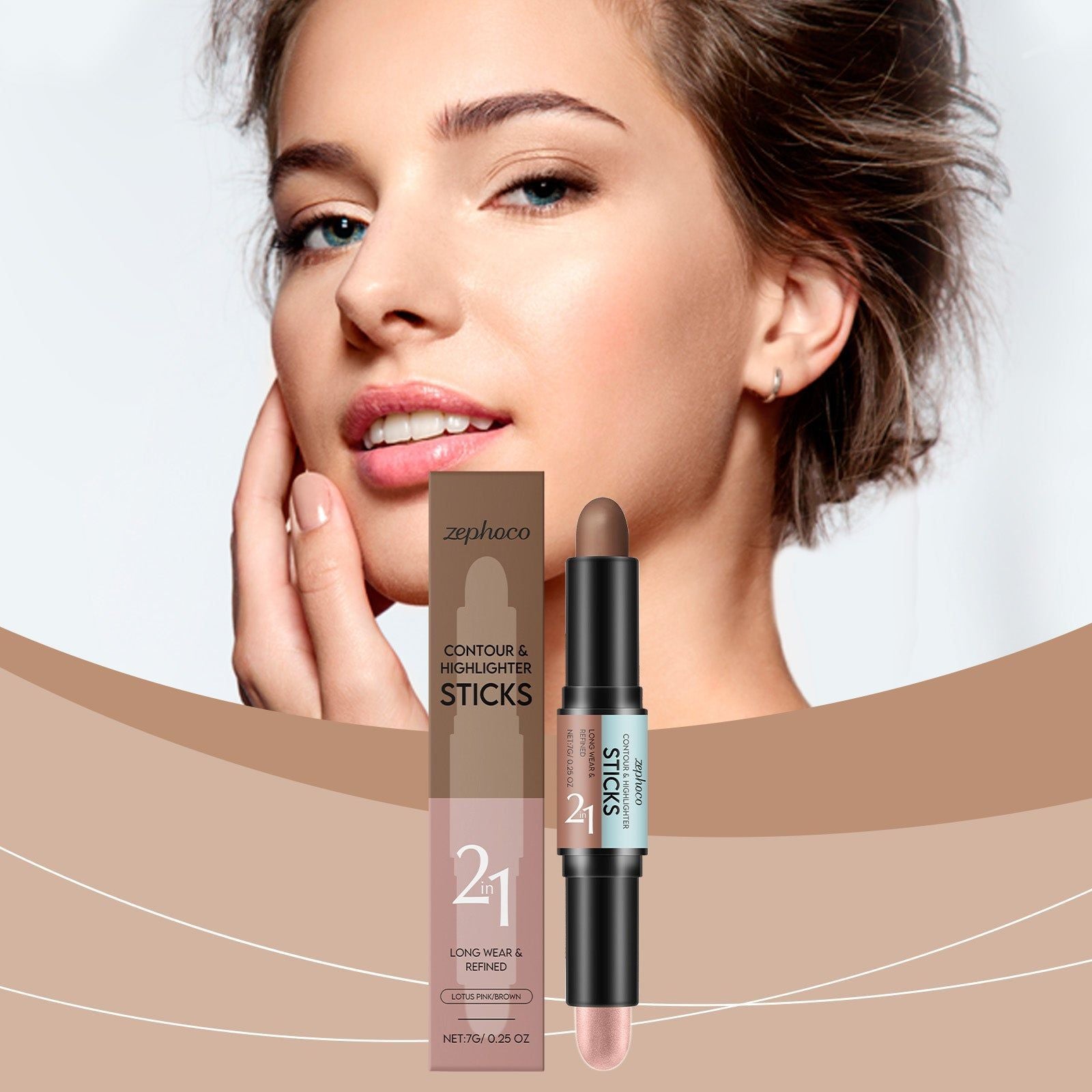 2-in-1 Makeup Contour Stick, Brightening Highlighter, Dual-Head, Easy Glam ,7g
