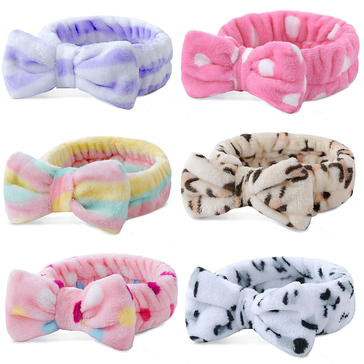 6 Pack Spa Headband Hair Wrap Facial Shower Bath Fleece Bowknot Striped Hair Band