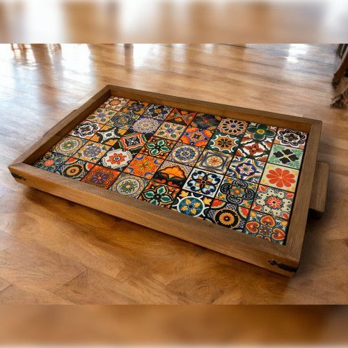Handmade Ceramic Tile Wooden Serving Tray – Rustic Bohemian Coffee Table Decor