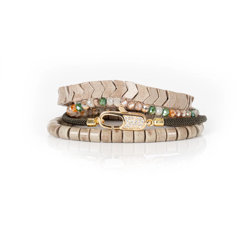 The Dark Pavé Lock Multi-Layer Beaded Bracelet Stack Sand & Olive