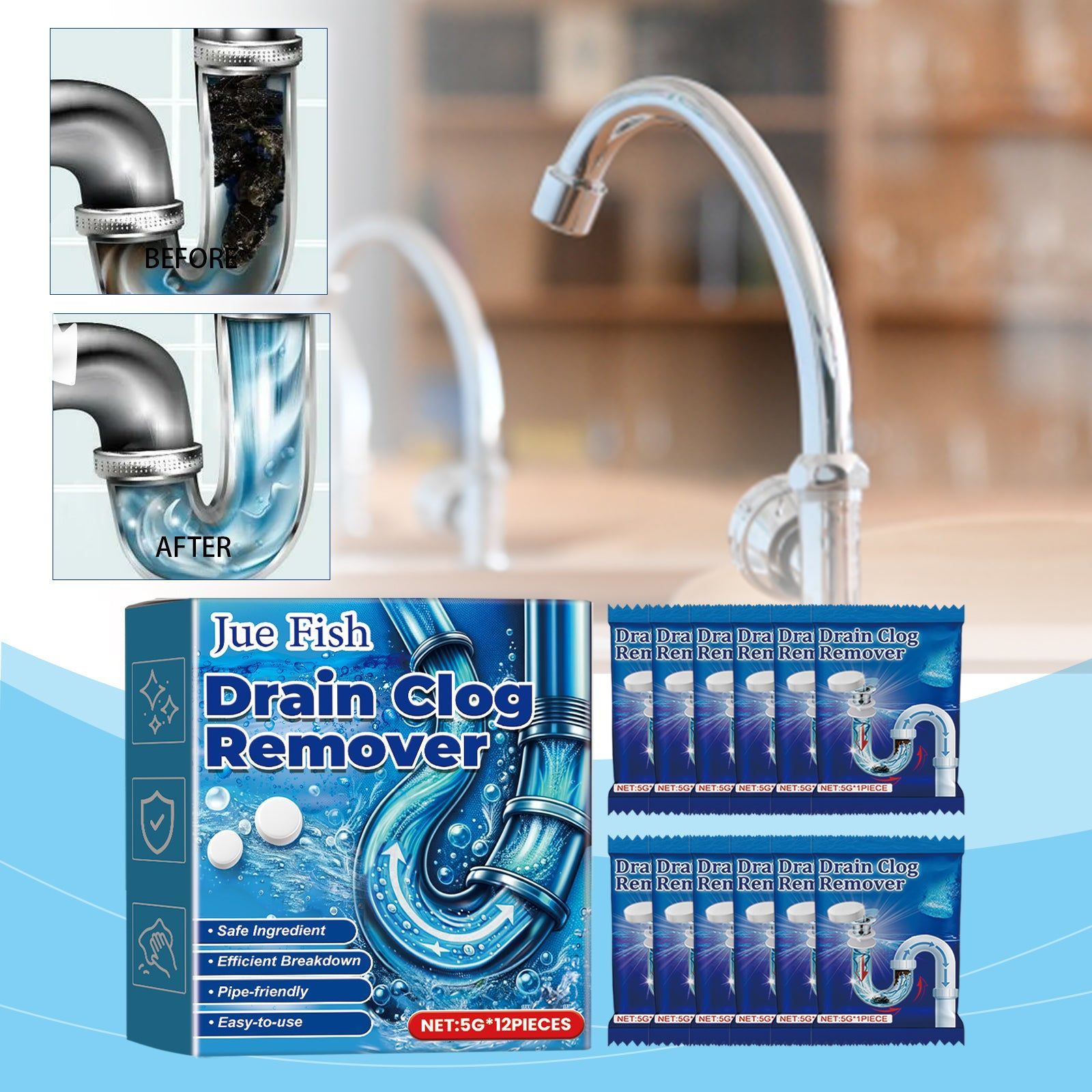 Effective Pipe Cleaning Tablets, Unclog Drains Fast, Deodorize, Kitchen, Toilet ,5g*12pieces