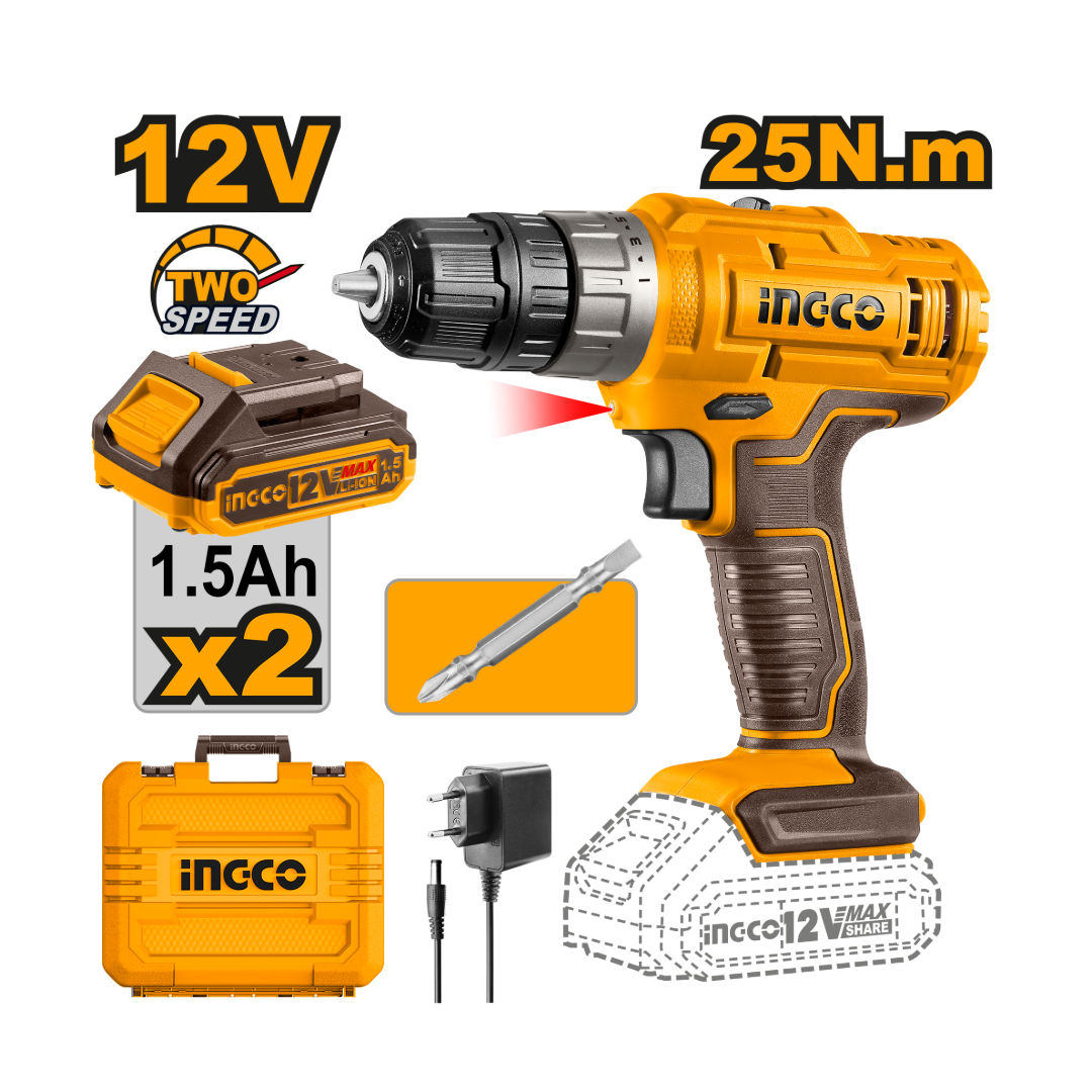 INGCO 12V Cordless Drill Kit, 25Nm, 2-Speed with 2×1.5Ah Batteries & Carry Case