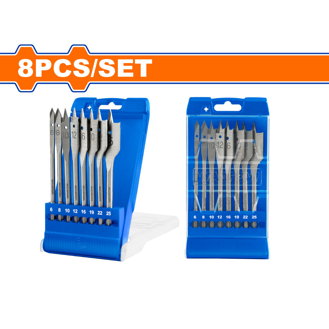 WADFOW 8-Piece Flat Wood Drill Bit Set, 6-25 mm, Spade Bits for Wood Drilling, Plastic Box