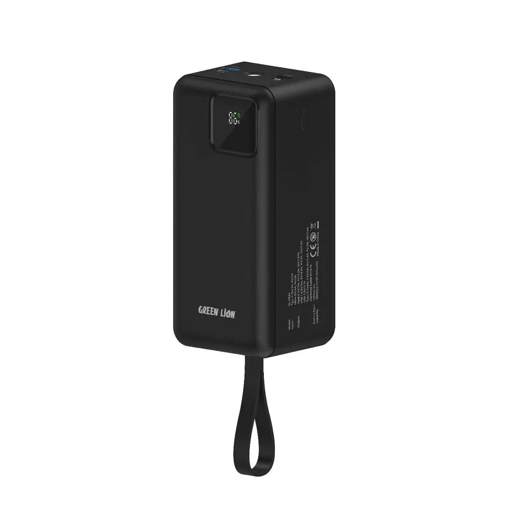 Green Lion Power Tank 50000mAh Power Bank with Built-in Cables, 22.5W Fast Charging & Display, Black