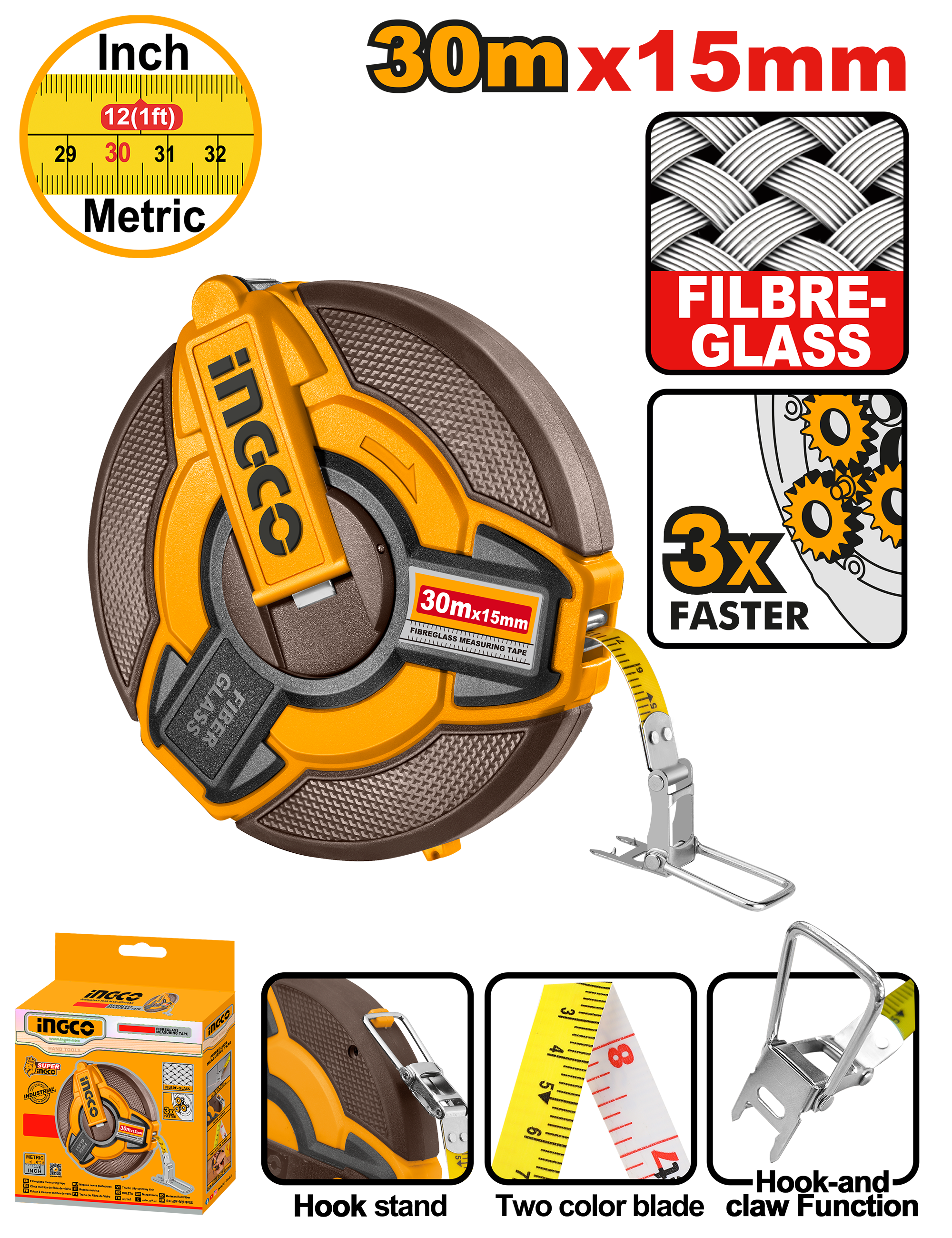 INGCO Fiberglass Measuring Tape 30M Heavy Duty Survey Tape