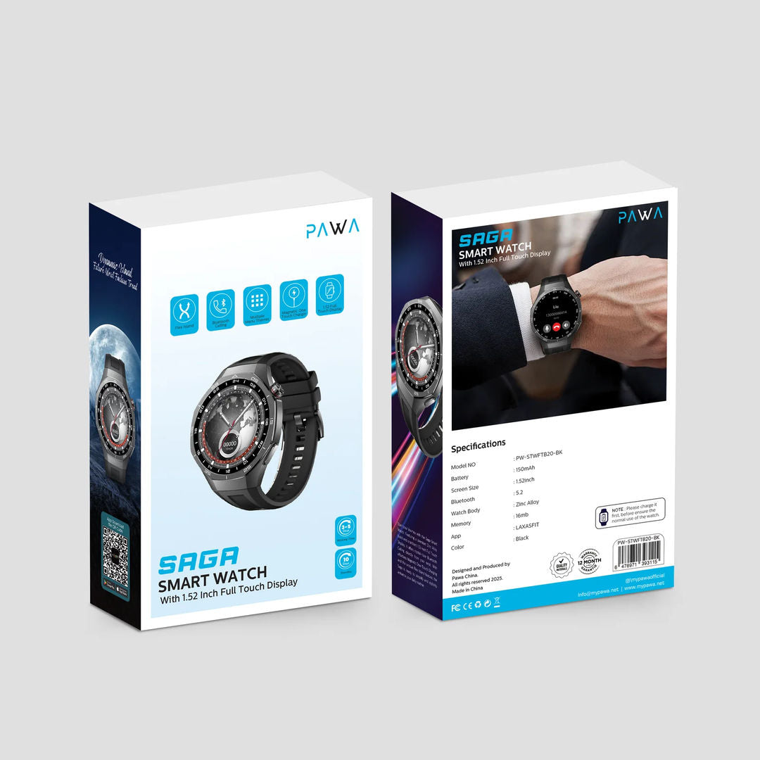 Pawa Saga 1.52inch Display Smart Watch, Black