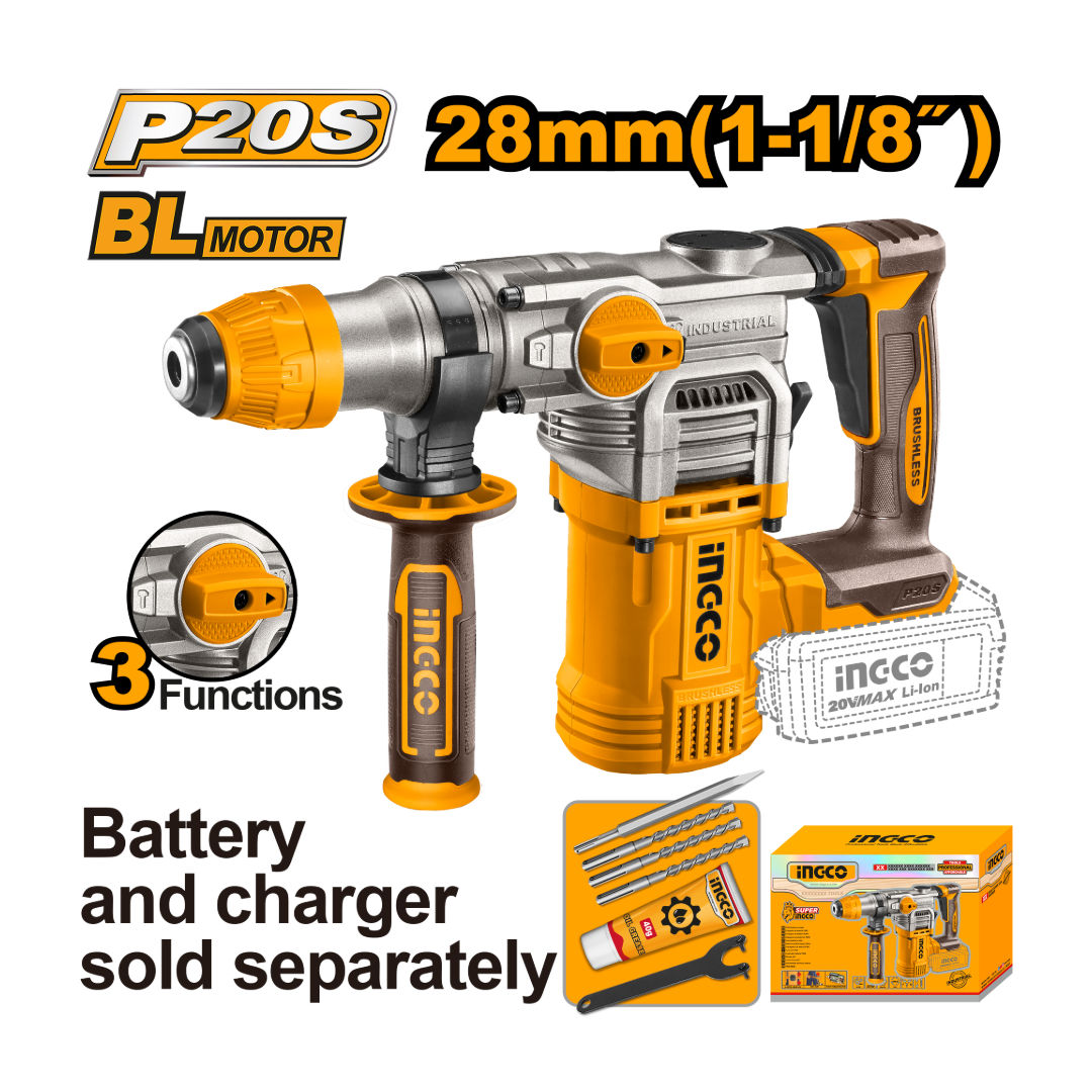 INGCO Cordless Rotary Hammer, 20V, Brushless Motor