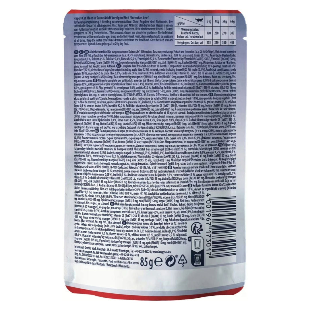 Happy Cat Meat In Sauce Beef Wet Cat Food For Neutered Cats, 1+ Year Old, 85gm