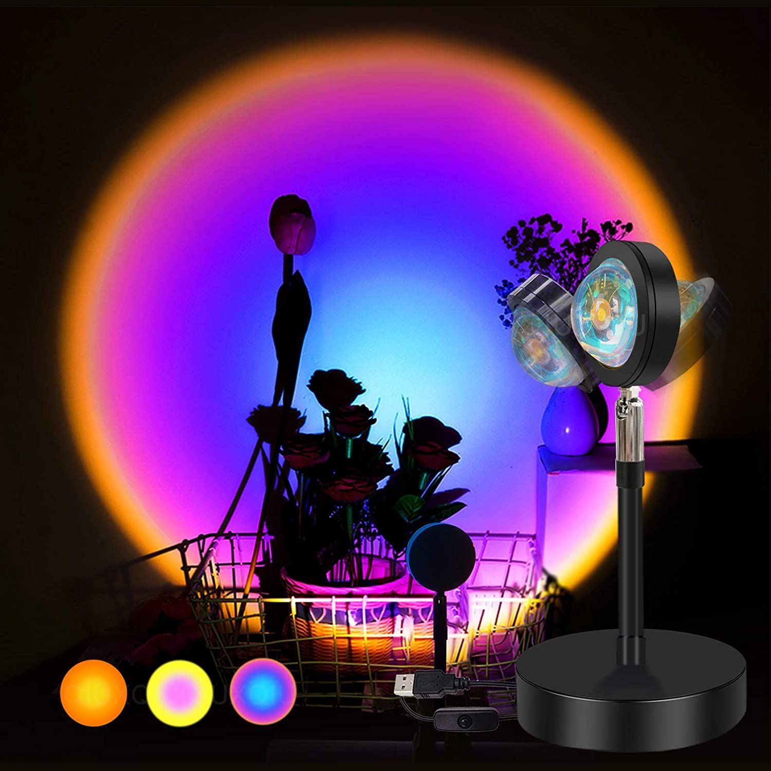 LED Sunset Projector Lamp 90 Degree Rotation Rainbow Sun Night Light