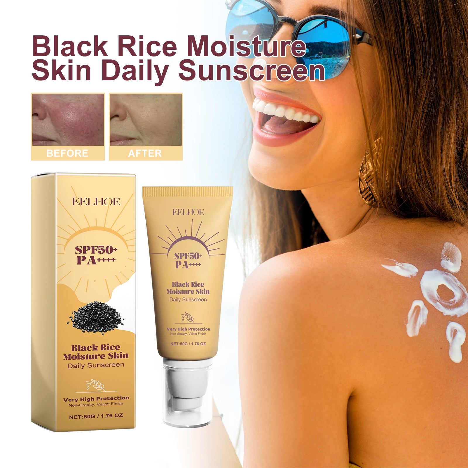 Black Rice Sunscreen, Hydrating Moisturizer, UV Protection, Brightening, Daily Skin Care ,50g