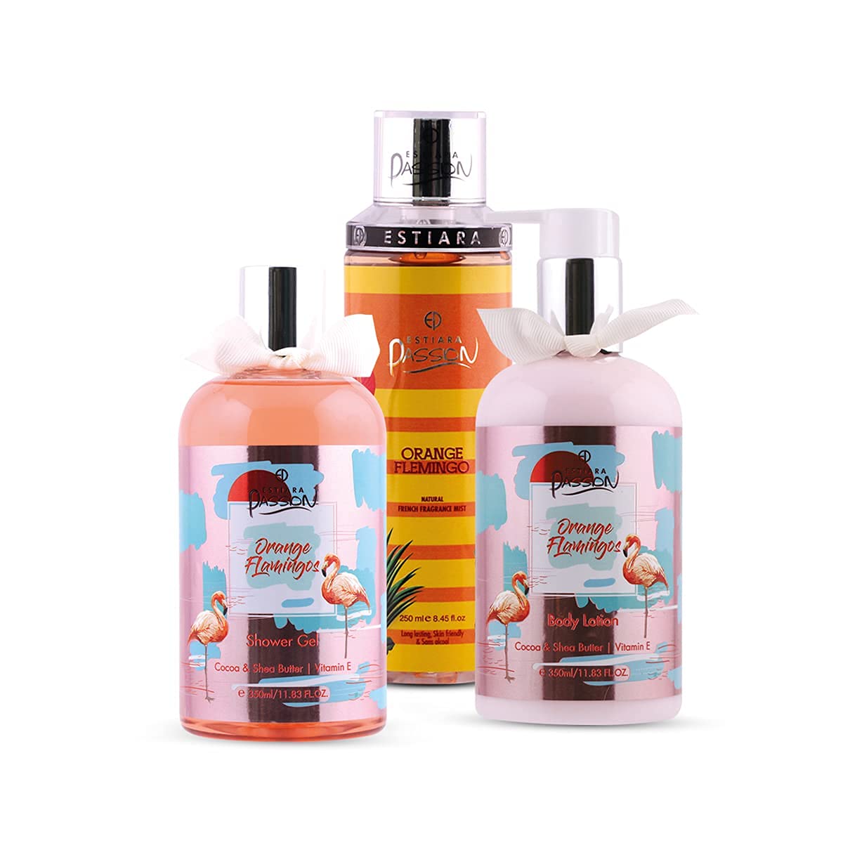 Estiara Passion Orange Flamingo Bath & Body 3 Piece Gift Set For Women (Body Lotion 350ml + Shower Gel 350ml + French Fragrance Mist 250ml)