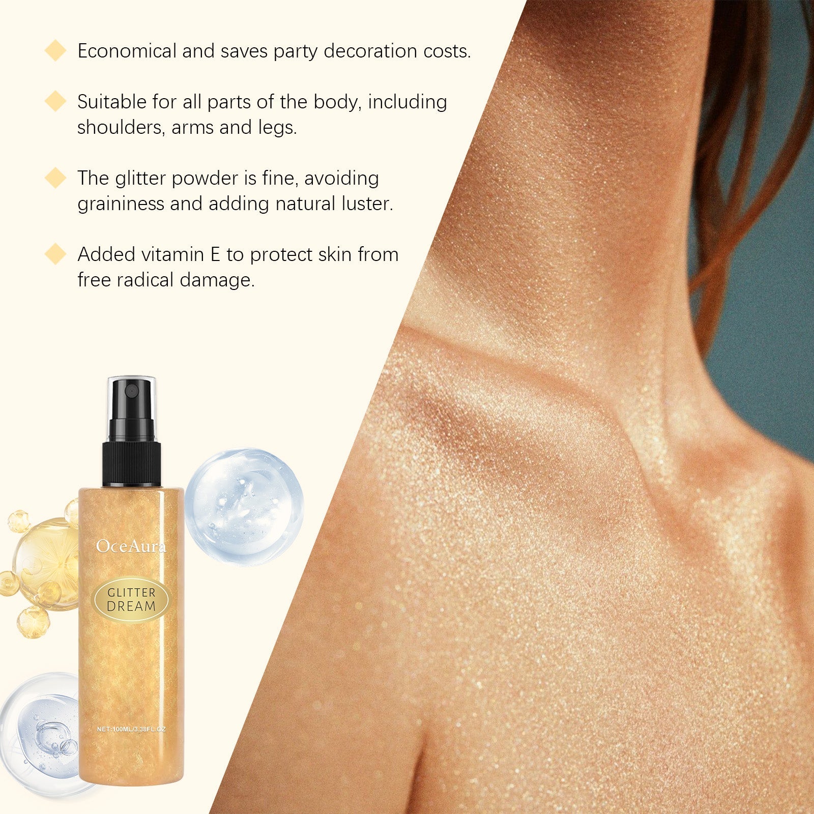 Body Glitter Spray, Long-Lasting Persistent Shine, Sparkling Body & Hair Highlighter ,100ml