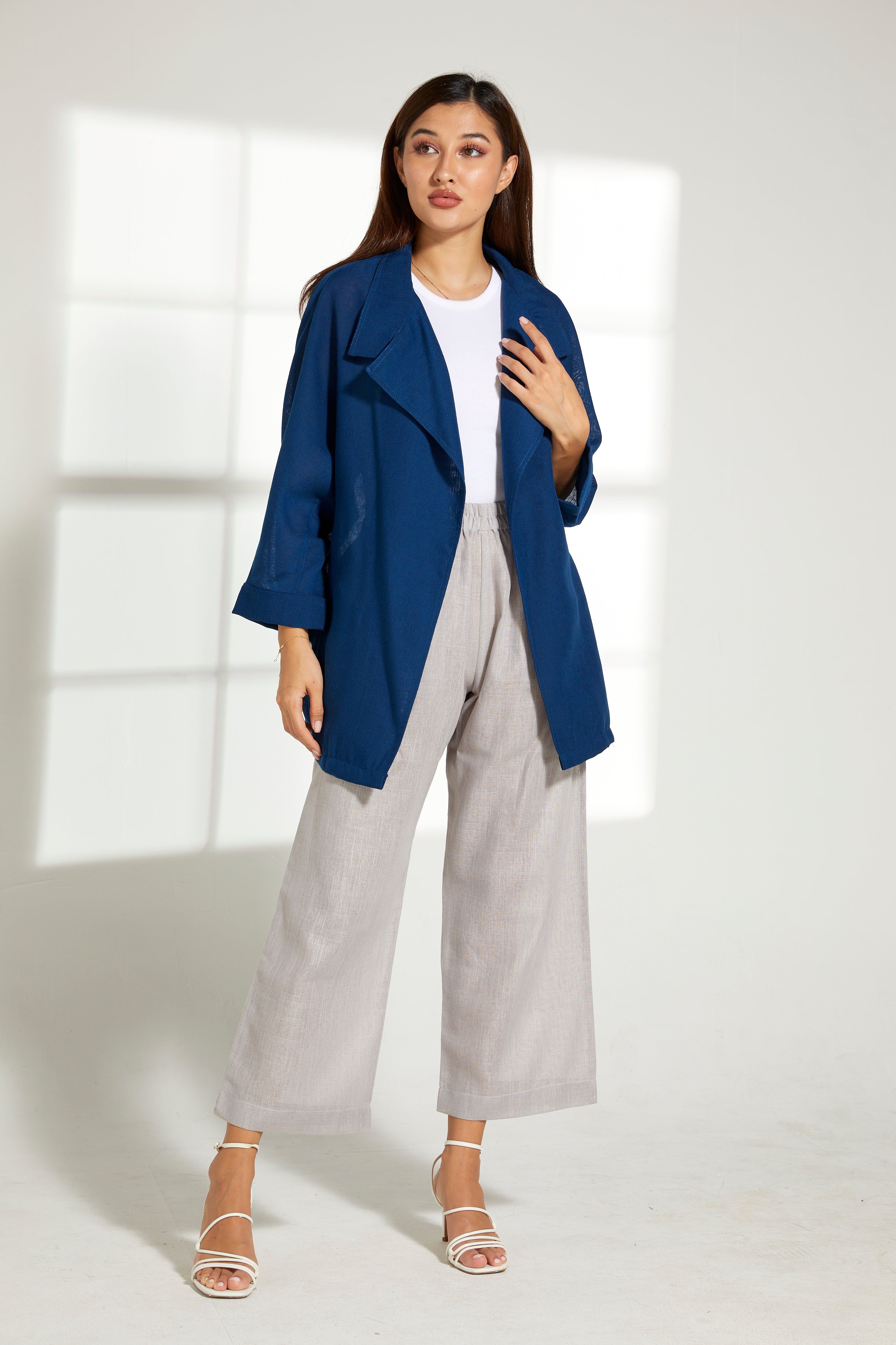 MOiSTREET Blue Linen Top and Grey Pants Set
