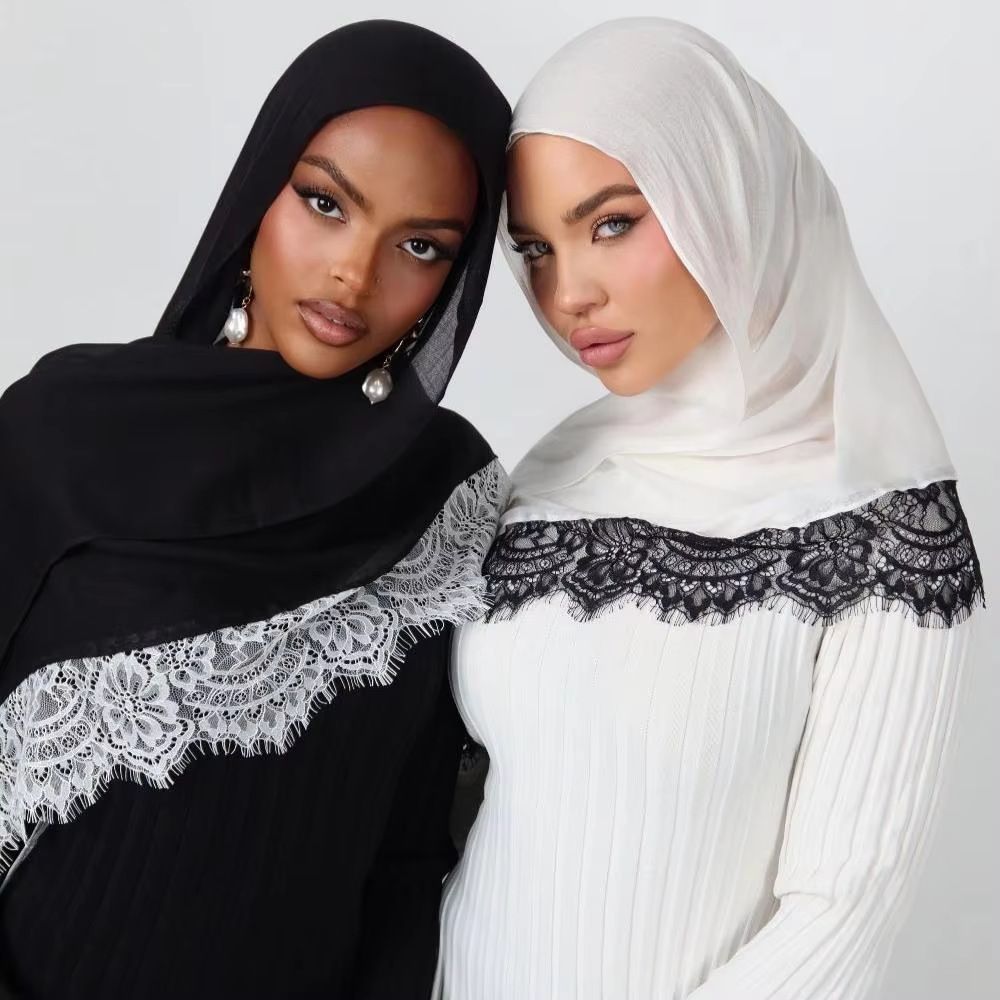 Black Cotton Lace Patchwork Hijab Scarf for Women