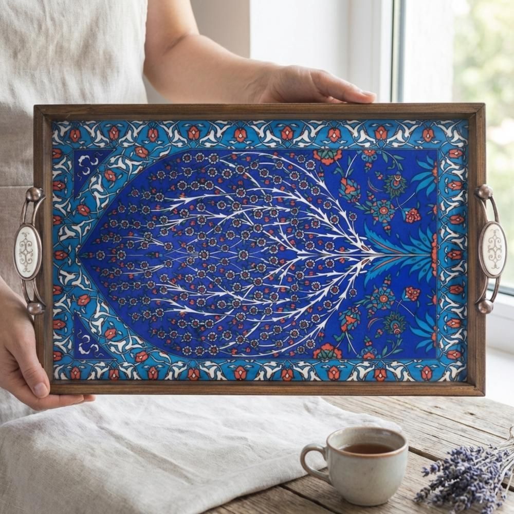 Blue Ceramic Tile Coffee Table Tray, Iznik Style Wooden Serving Tray