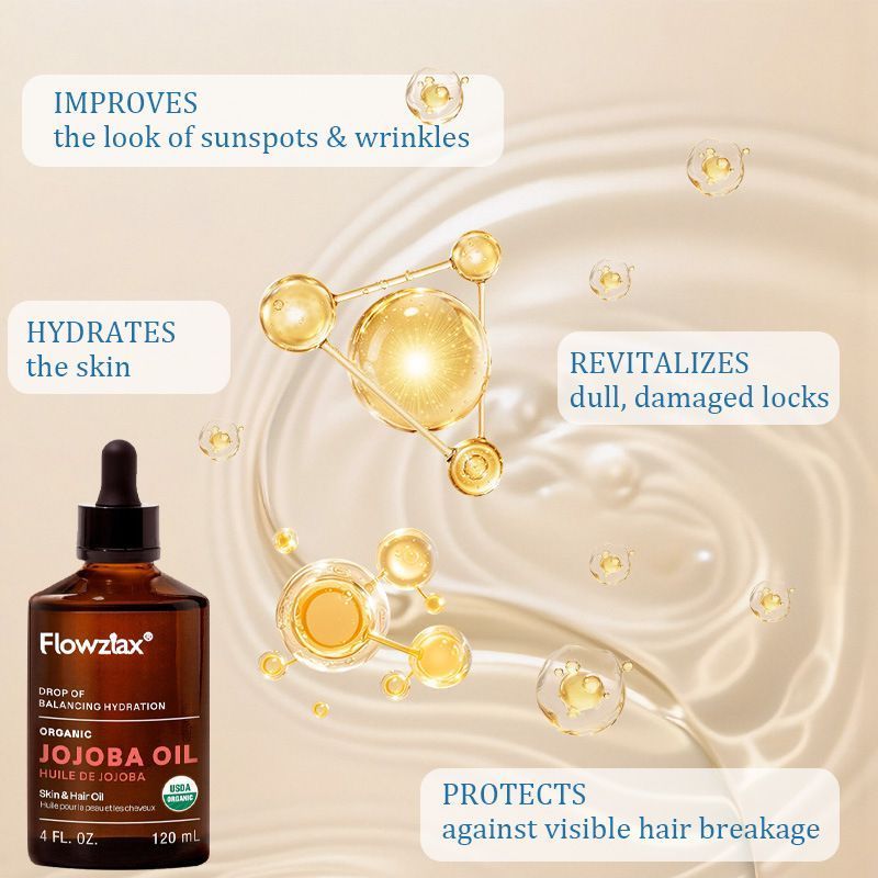 Flowzlax Organic Jojoba Oil 120ml with Box, 100% Pure Natural Cold Pressed Carrier Oil, Moisturizing Massage Oil for Face, Hair, Body, Sensitive Skin Care