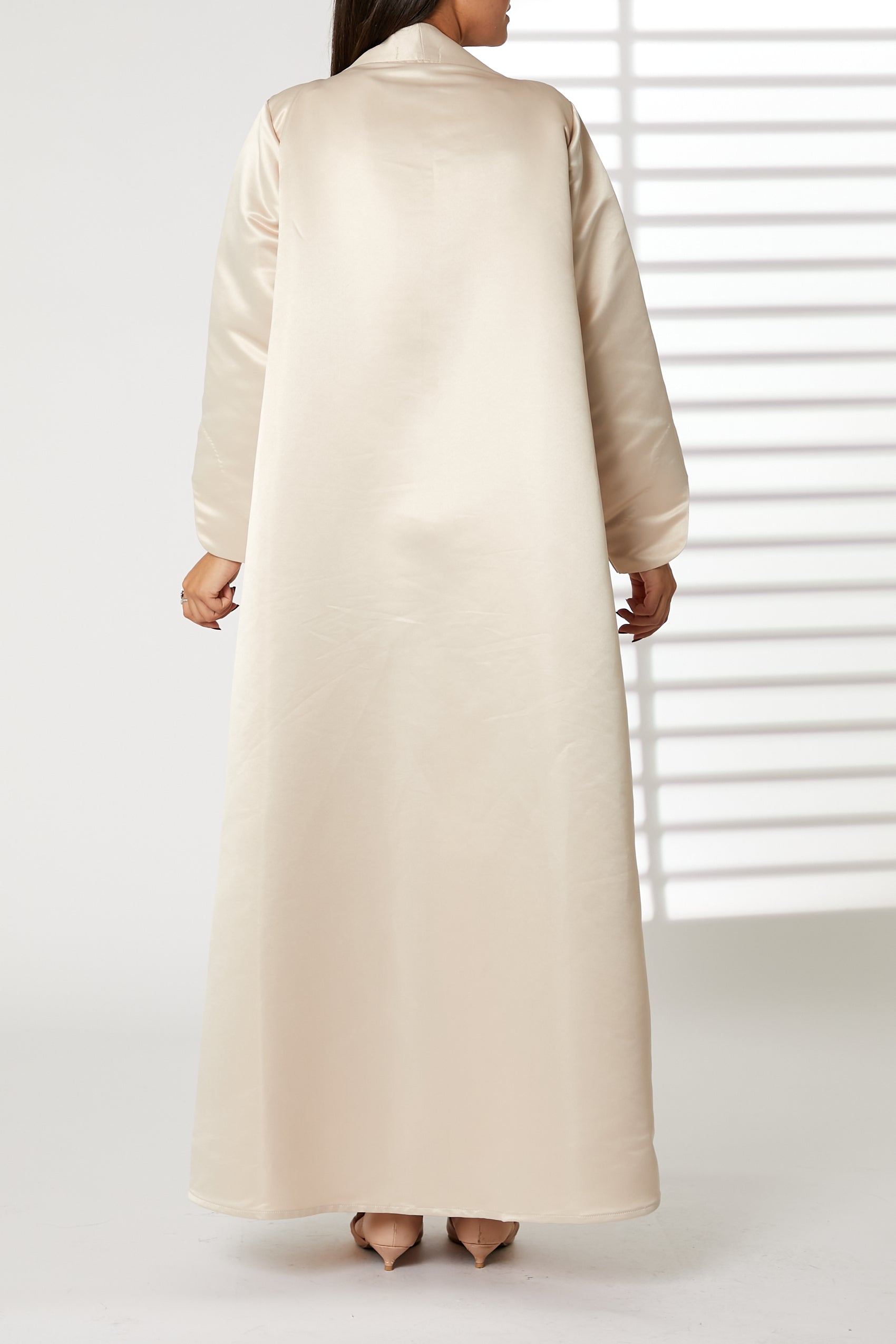 MOiSTREET Peach Bridal Satin Embroidered Open Abaya