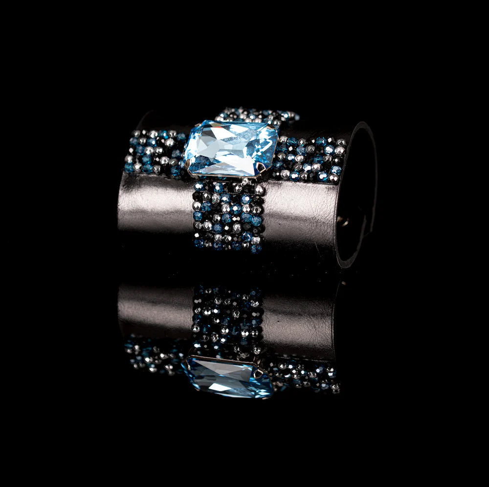 The Dark Black Leather Crystal Cuff Bracelet Ice Blue Cross Stone