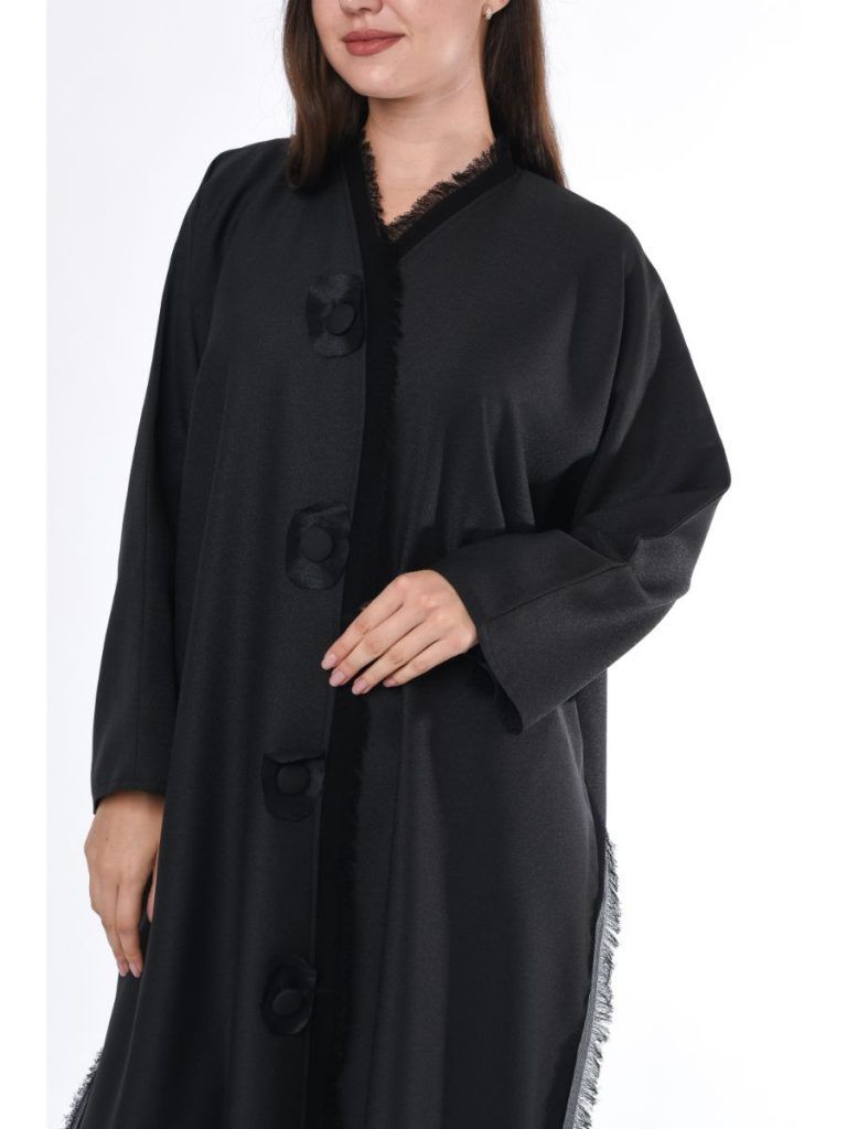 MOiSTREET Black Abaya with Button Highlight and Fringe Detail