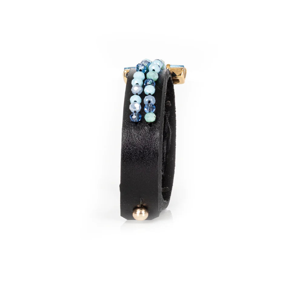 The Dark Azure Crystal Beaded Leather Cuff Bracelet