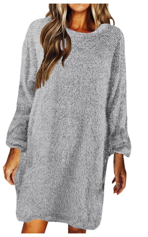 Winter Loose Sweater Dress Long Sleeve Round Neck Plush Dresses Women Fleece Dress