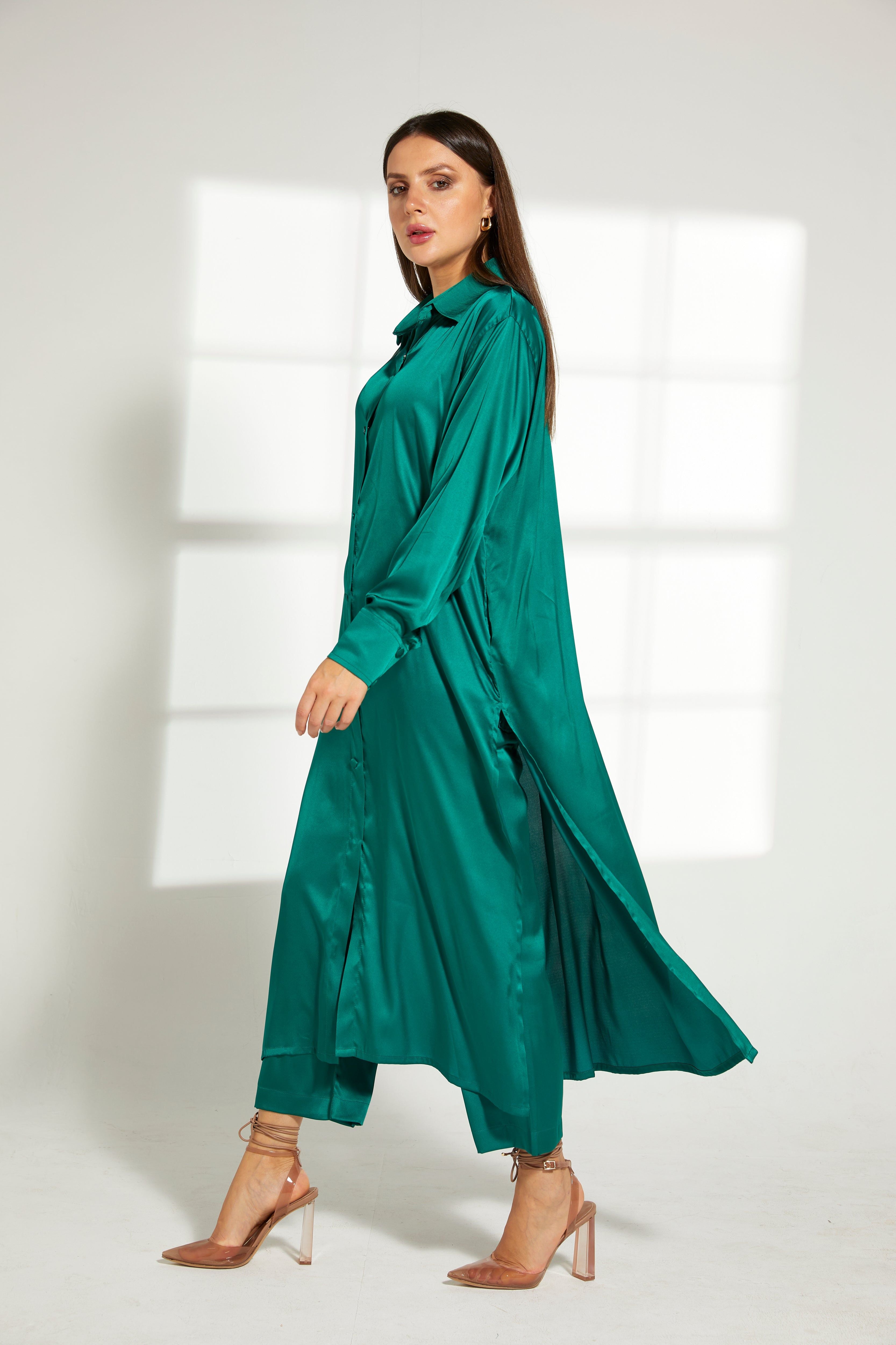 MOiSTREET Green Silk Fabric Top and Pants Set