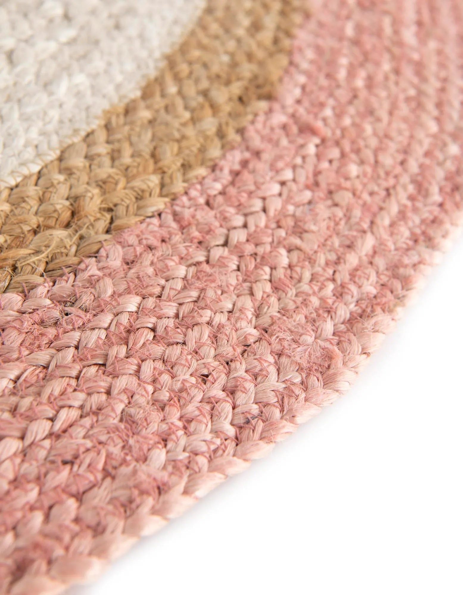 Blush Pink & White Border Round Jute Rug | Handwoven Natural Round Area Carpet