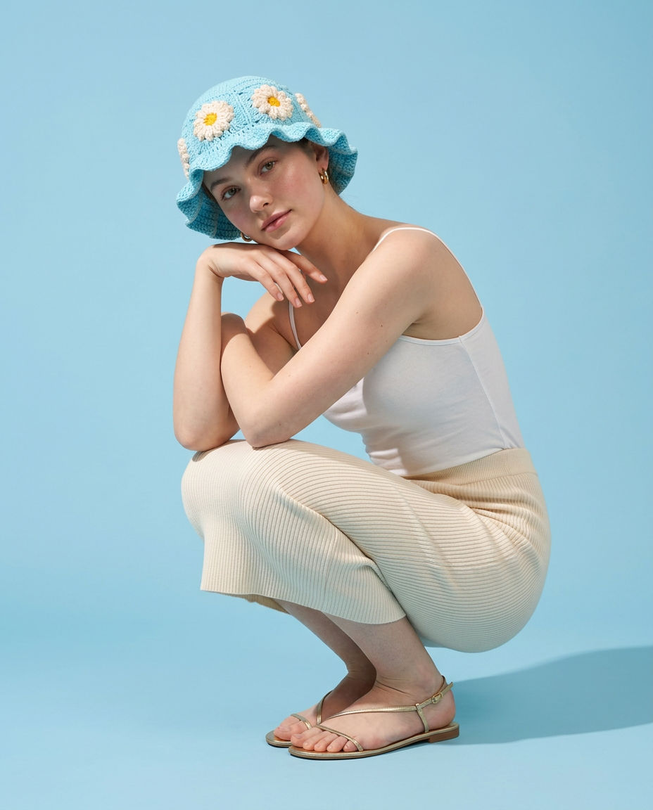 Hush and Stitch Light Blue Daisy Bucket Hat (Cream Flowers)