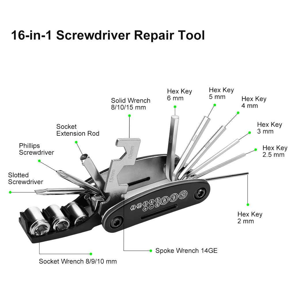 Bicycle Repair Tool Kit 16 in 1 Mountain Cycle Screwdriver Tools Tire Repair Wrench Set