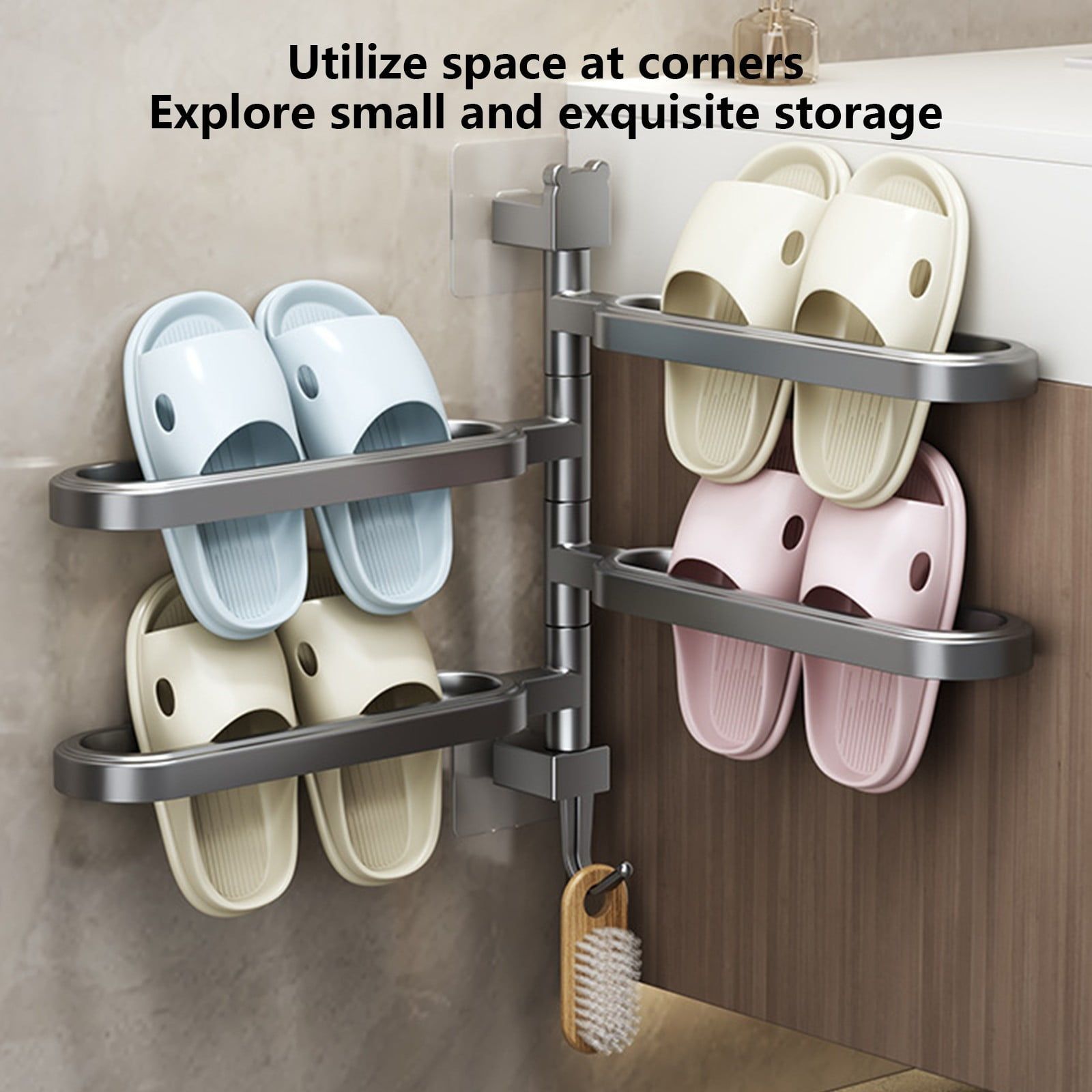 Punch Free Rotatable Towel Rack Bathroom Slipper Holder Kitchen Storage Shelf